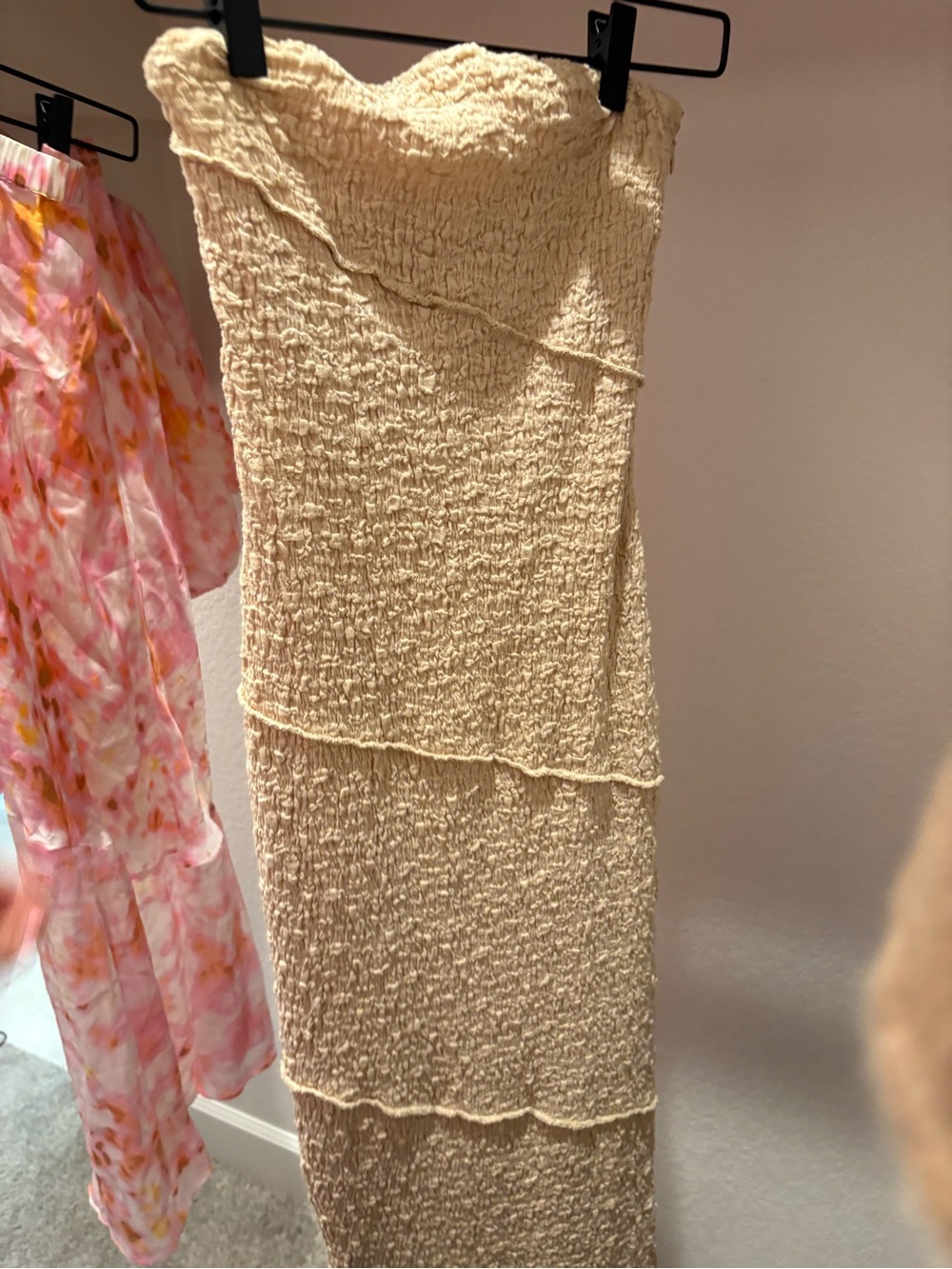 Ghanda Cream Strapless Smocked Midi Dress